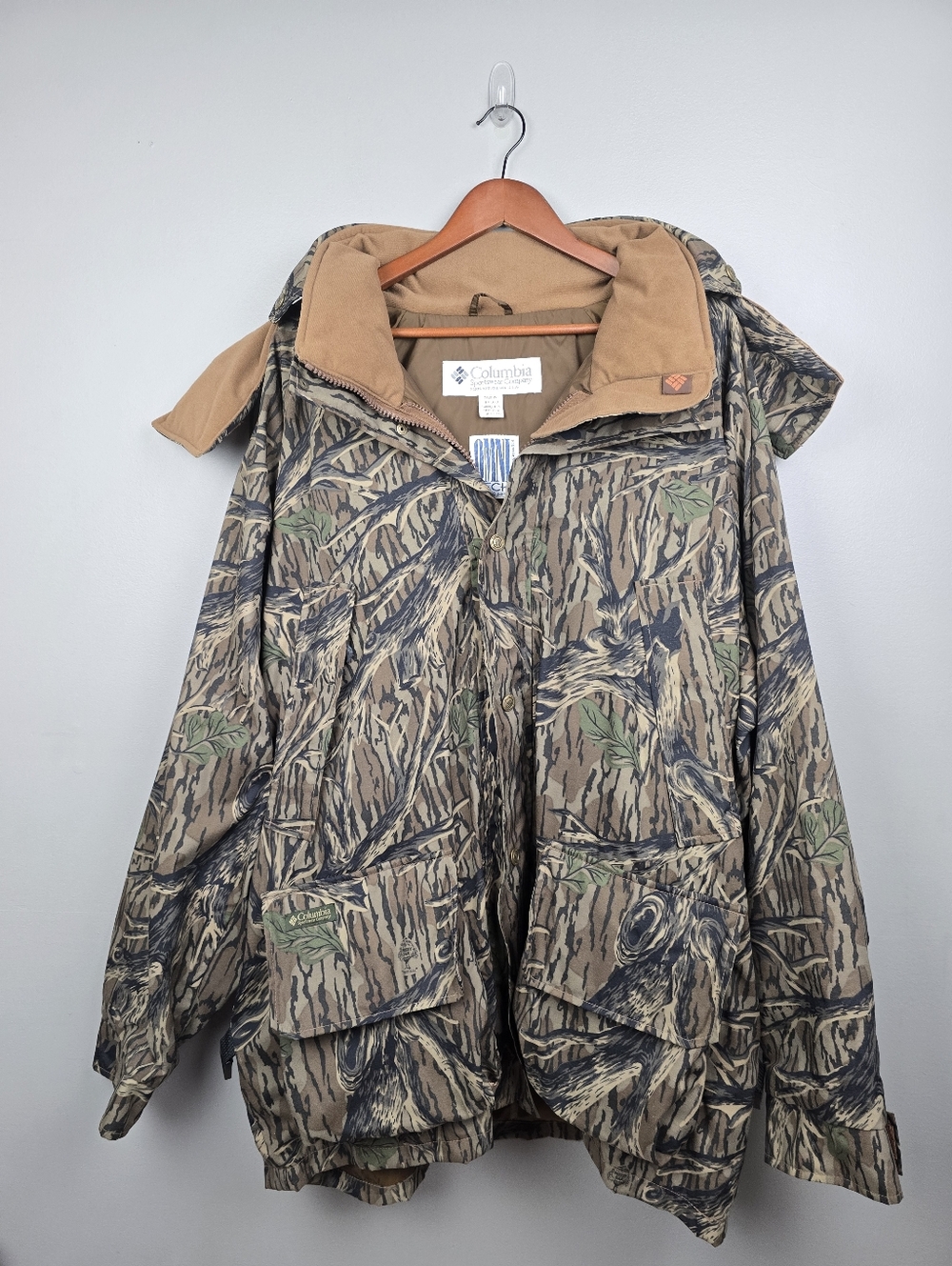 Vintage Columbia Mossy‎ Oak Camo Hooded Field Jacket Tan Green Mens XXL Outdoor